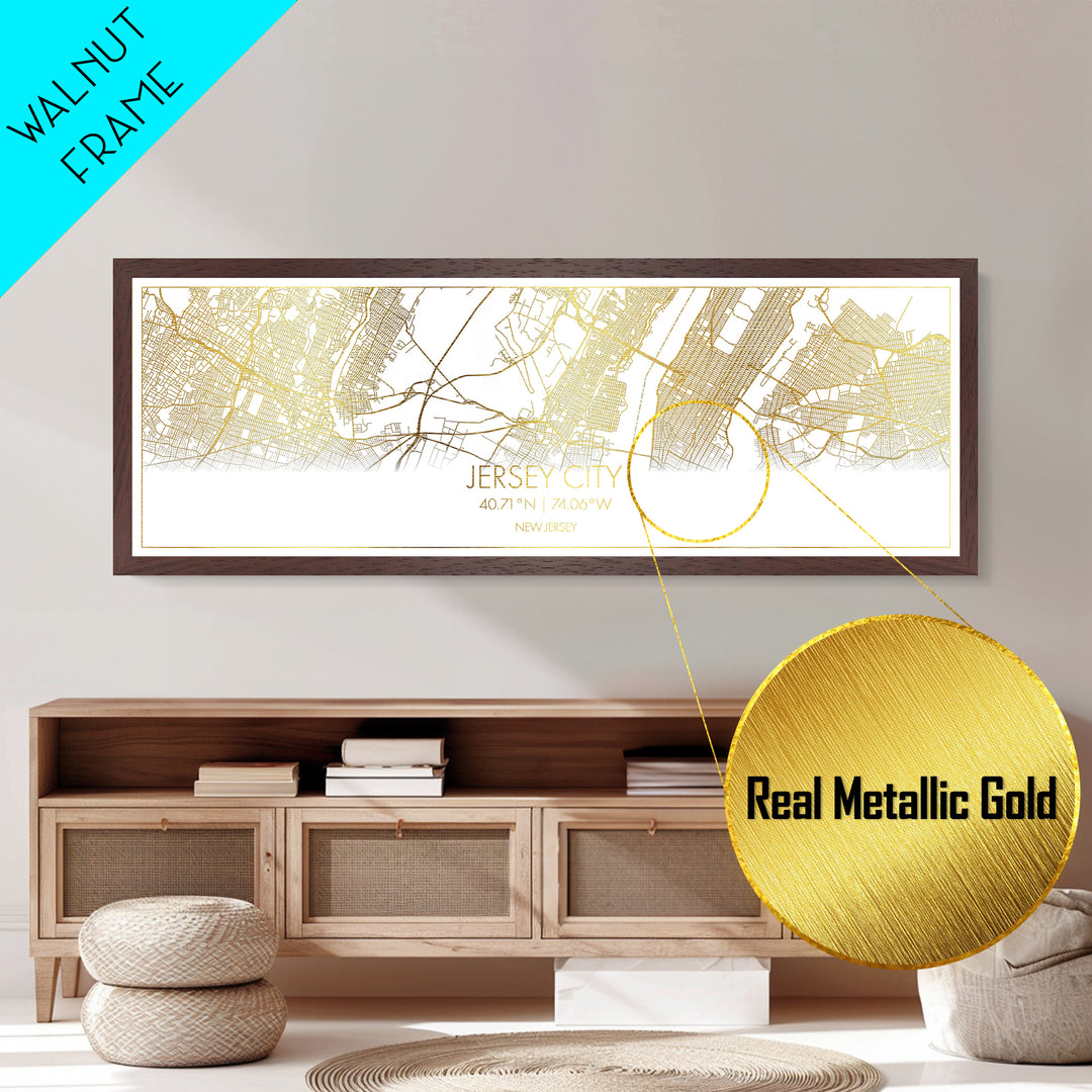 Jersey City New Jersey City street map, Panoramic art, black and gold, Metallic Gold Print, Metal Art, real wood frames, Minimalist Wall Art