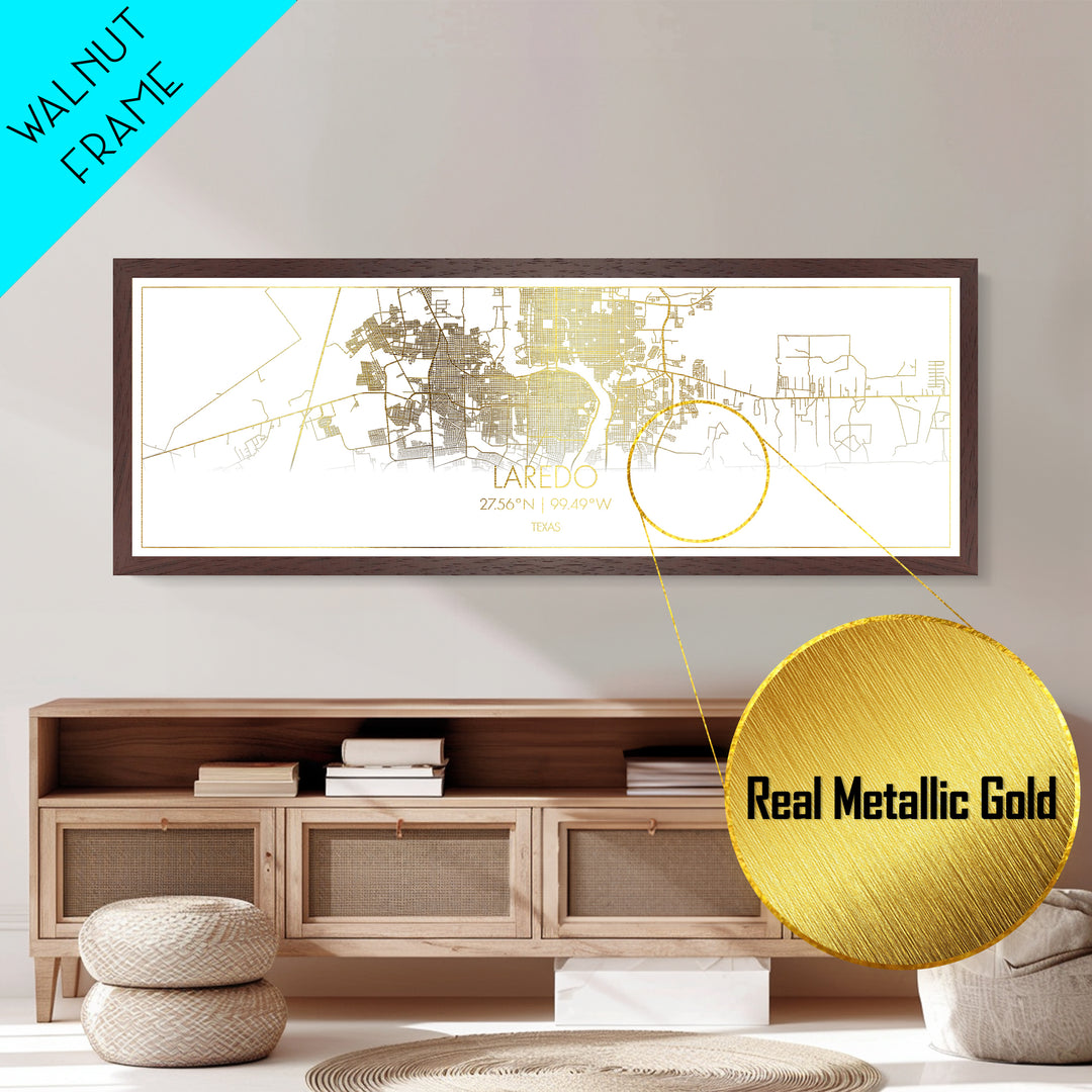 Laredo Texas City street map, Panoramic art, black and gold, Metallic Gold Print, Metal Art, real wood frames, Housewarming Gift