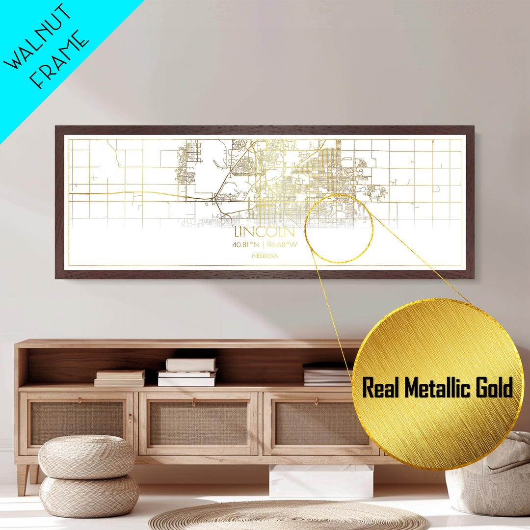 Lincoln Nebraska City Poster, Panoramic street map, black and gold, Metallic Gold Art, Metal Art, wood framed map, College Dorm Décor
