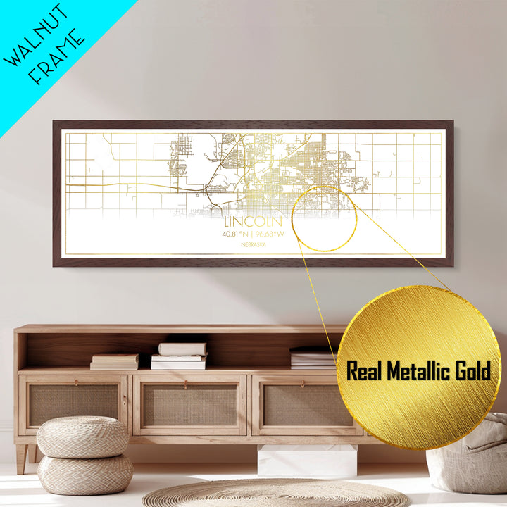Lincoln Nebraska City Poster, Panoramic street map, black and gold, Metallic Gold Art, Metal Art, wood framed map, College Dorm Décor