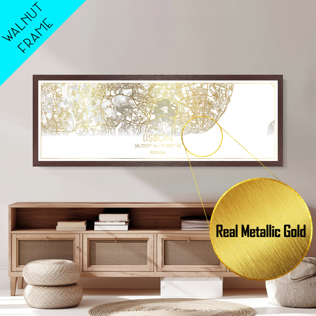 Lisbon Portugal map, Panoramic art, black and gold, Metallic Gold Print, Metal Art, real wood frames, Modern Wall Art, Housewarming Gift