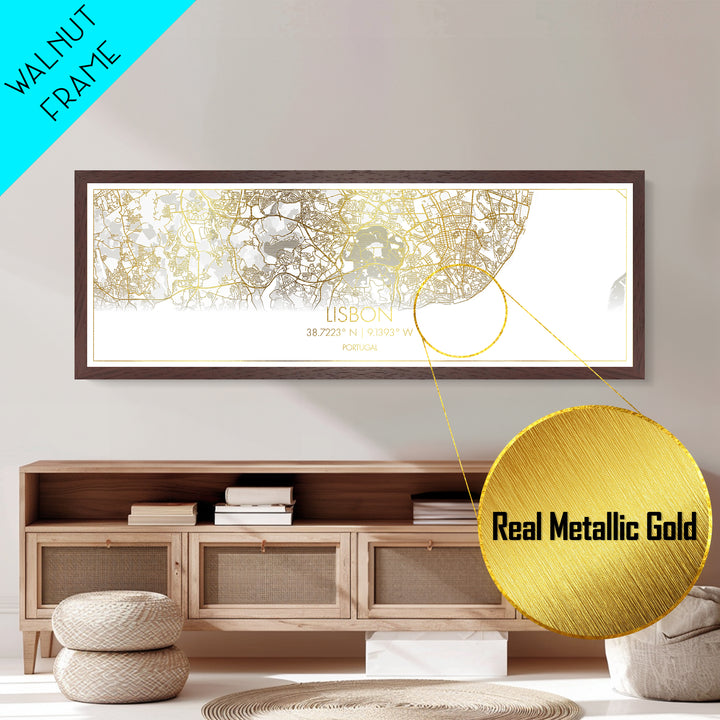 Lisbon Portugal map, Panoramic art, black and gold, Metallic Gold Print, Metal Art, real wood frames, Modern Wall Art, Housewarming Gift