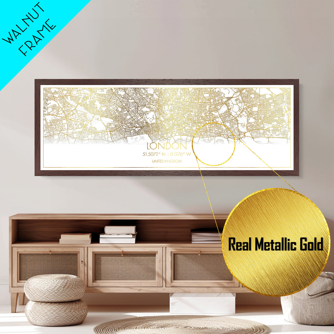 London United Kingdom City street map, Panoramic art, black and gold, Metallic Gold Print, Metal Art, real wood frames, Best Friend Gifts