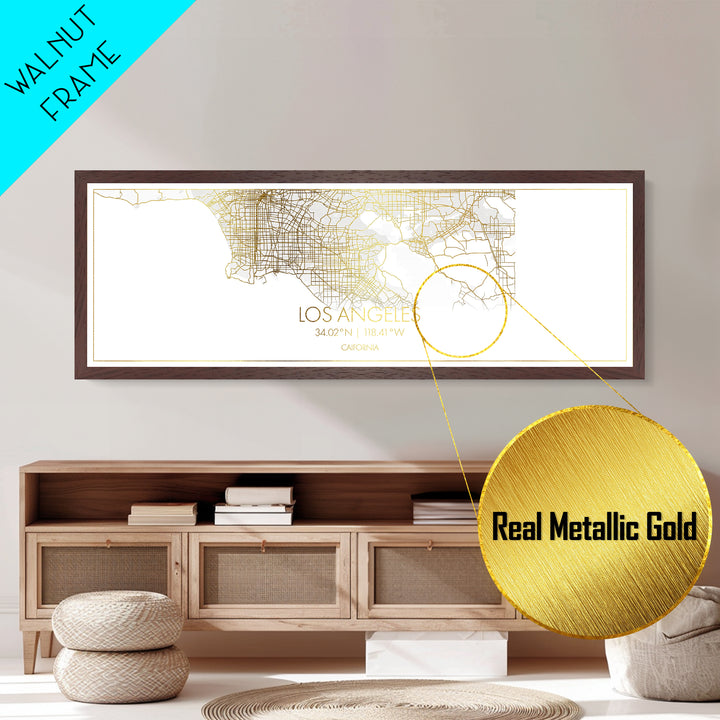 Los Angeles California map, Panoramic art, black and gold, Metallic Gold Print, Metal Art, real wood frames, Modern House Art, Street Map