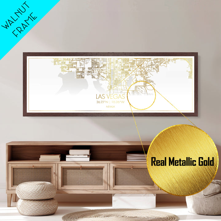 Las Vegas Nevada City street map, Panoramic art, black and gold, Metallic Gold Print, Metal Art, real wood frames, Street Map Art