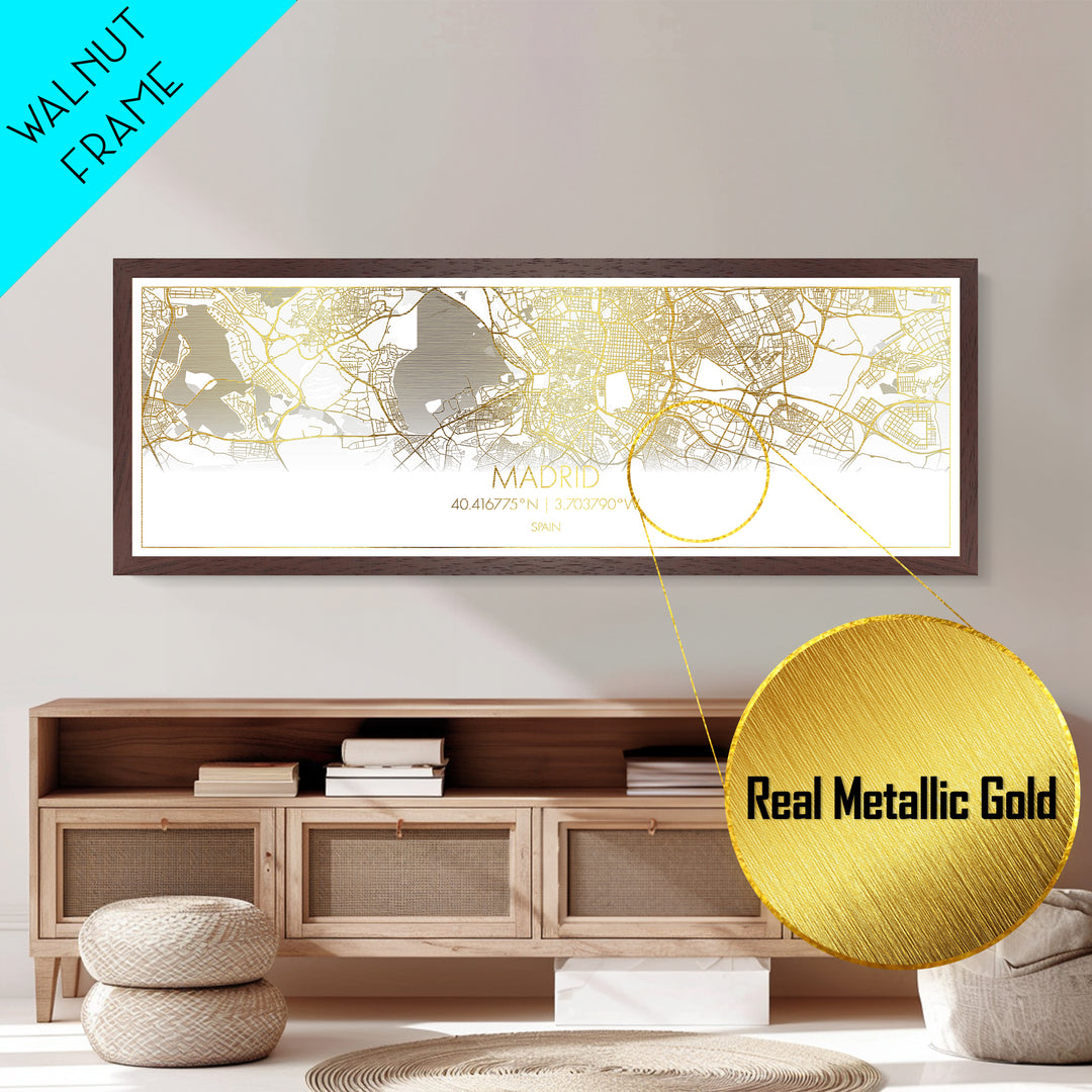 Madrid Spain City Poster, Panoramic street map, black and gold, Metallic Gold Art, Metal Art, wood framed map, College Dorm Décor
