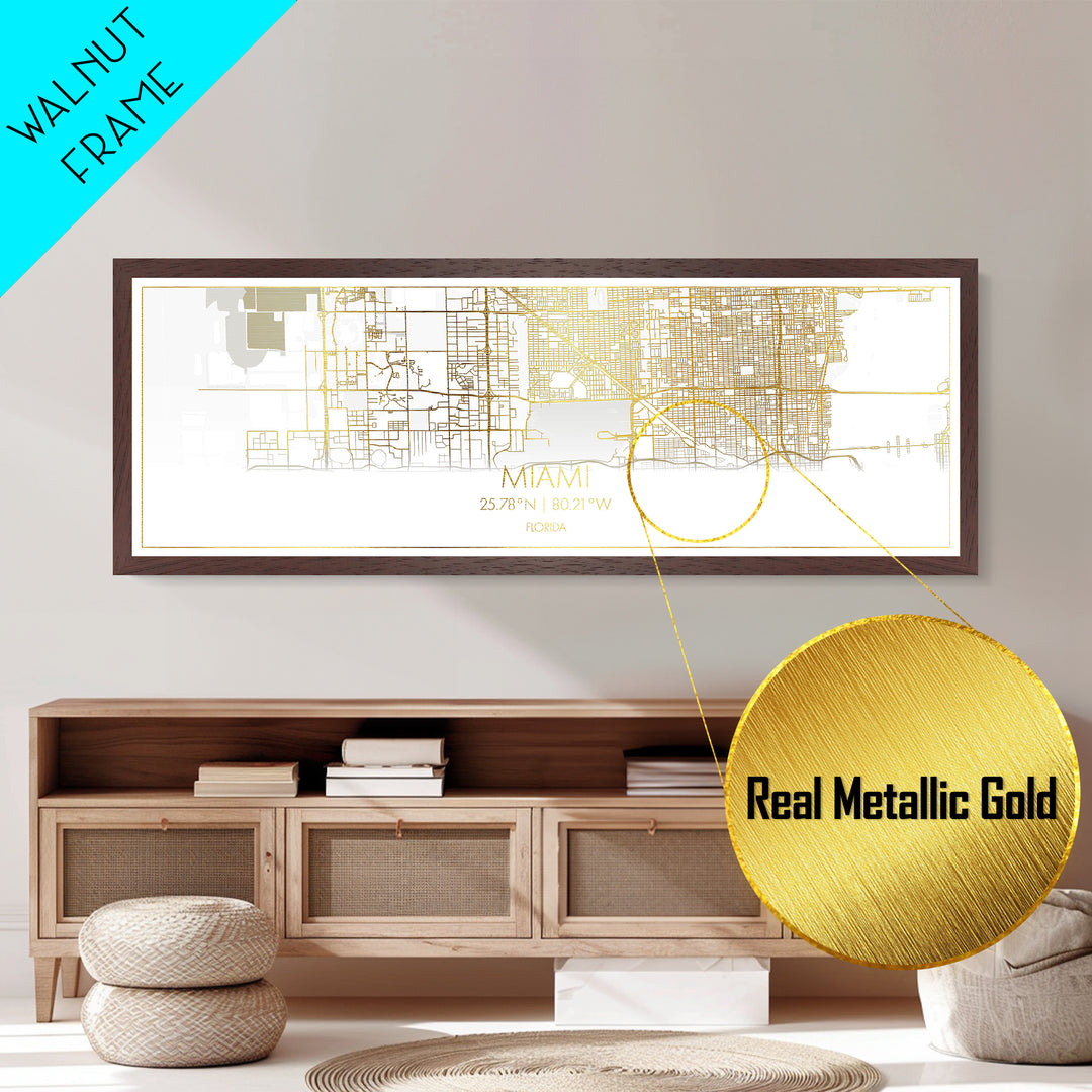Miami Florida City street map, Panoramic art, black and gold, Metallic Gold Print, Metal Art, real wood frames, Office Decor, Wall Art