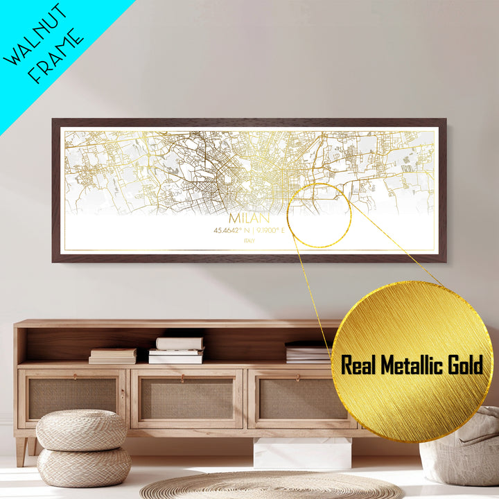 Milan Italy City Poster, Panoramic street map, black and gold, Metallic Gold Art, Metal Art, wood framed map, Modern Wall Art