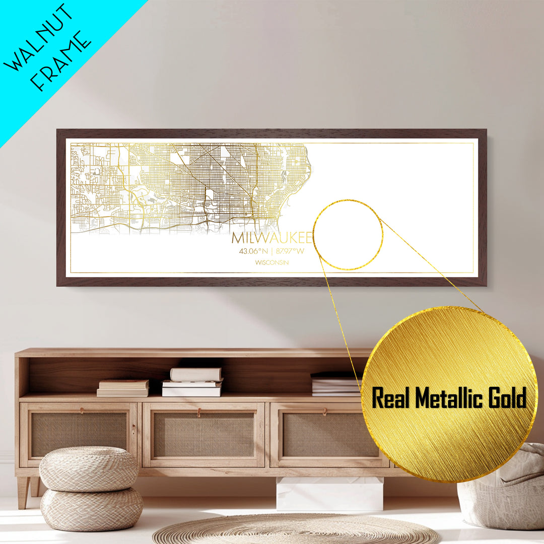 Milwaukee Wisconsin City street map, Panoramic art, black and gold, Metallic Gold Print, Metal Art, real wood frames, Minimalist Wall Art