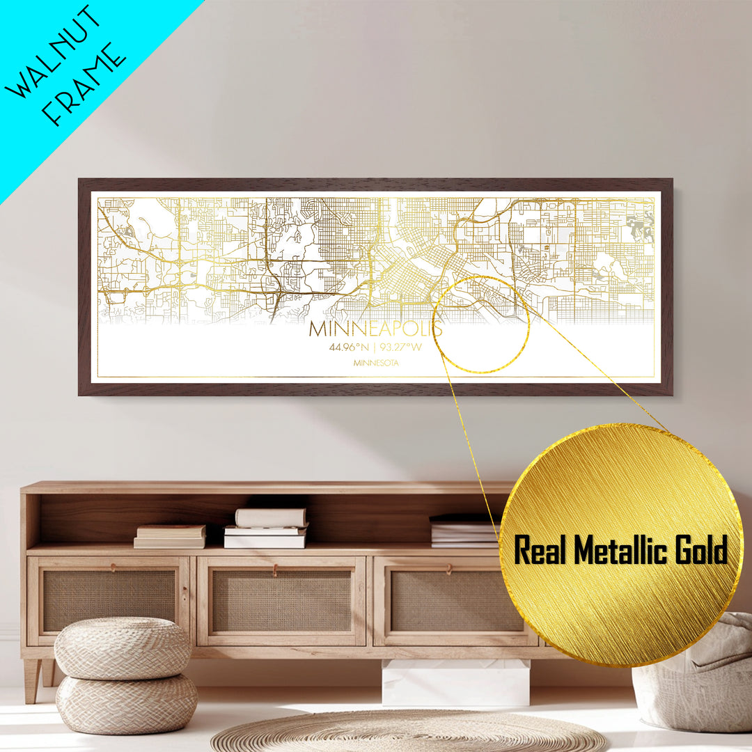 Minneapolis Minnesota City Poster, Panoramic street map, black and gold, Metallic Gold Art, Metal Art, wood framed map, Office Décor