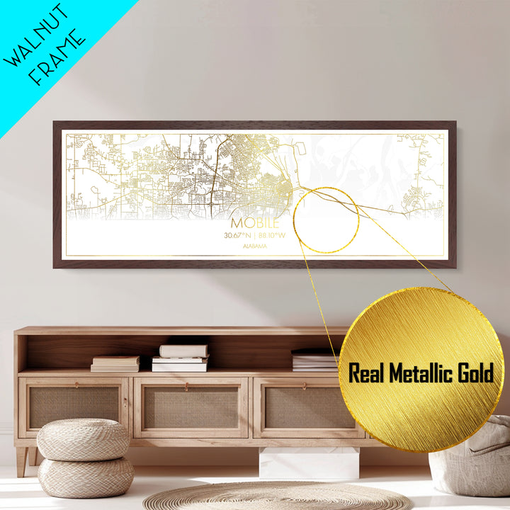 Mobile Alabama City street map, Panoramic art, black and gold, Metallic Gold Print, Metal Art, real wood frames, Housewarming Gift