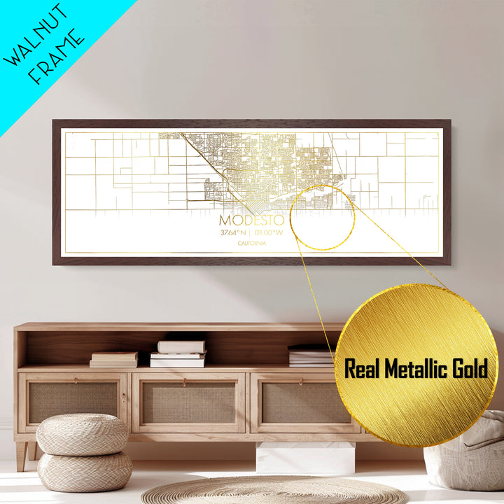 Modesto California City Poster, Panoramic street map, black and gold, Metallic Gold Art, Metal Art, wood framed map, Modern House Art