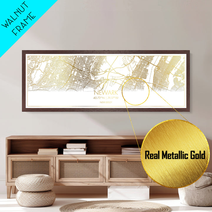 Newark New Jersey City Poster, Panoramic street map, black and gold, Metallic Gold Art, Metal Art, wood framed map, Wall Art, Closing Gift