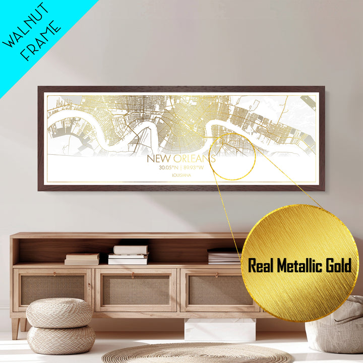 New Orleans Louisiana City street map, Panoramic art, black and gold, Metallic Gold Print, Metal Art, real wood frames, Housewarming Gift