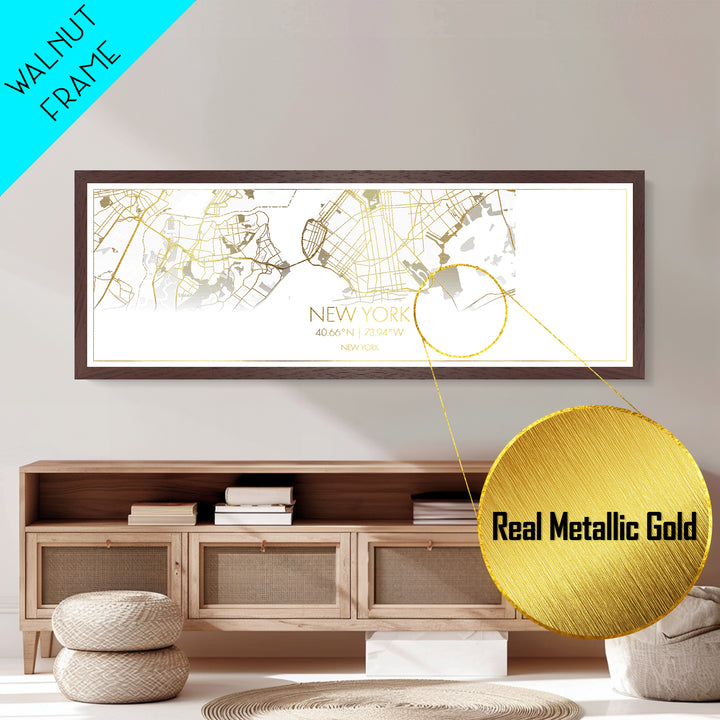 New York New York City street map, Panoramic art, black and gold, Metallic Gold Print, Metal Art, real wood frames, Office Decor, Wall Art