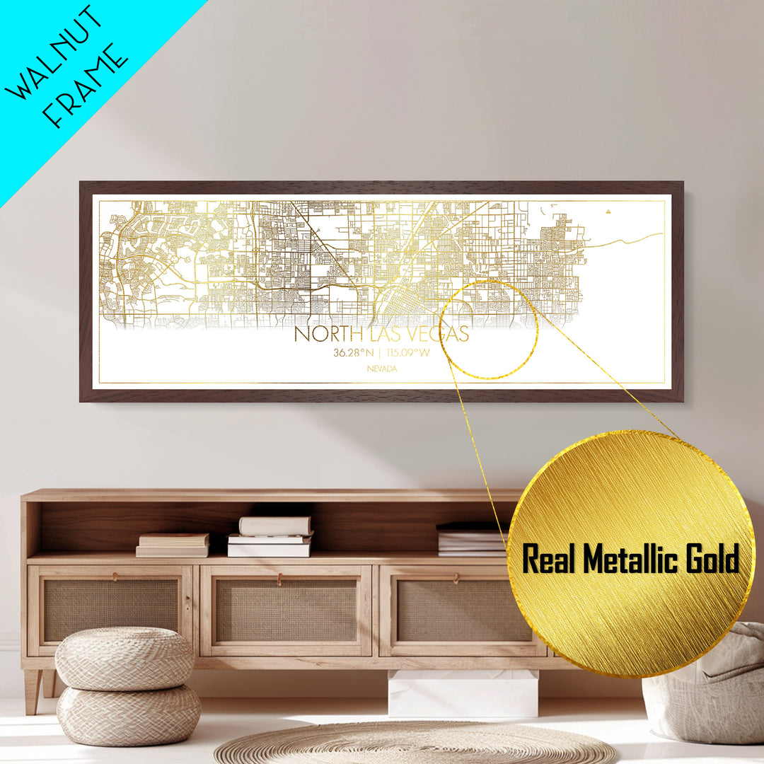 North Las Vegas Nevada City street map, Panoramic art, black and gold, Metallic Gold Print, Metal Art, real wood frames, Best Friend Gifts