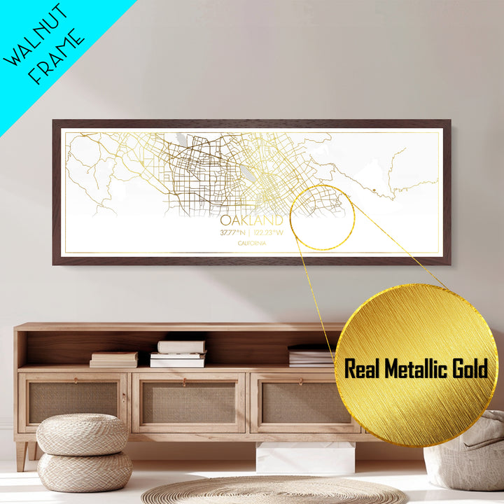 Oakland California City Poster, Panoramic street map, black and gold, Metallic Gold Art, Metal Art, wood framed map, City Road Map Poster