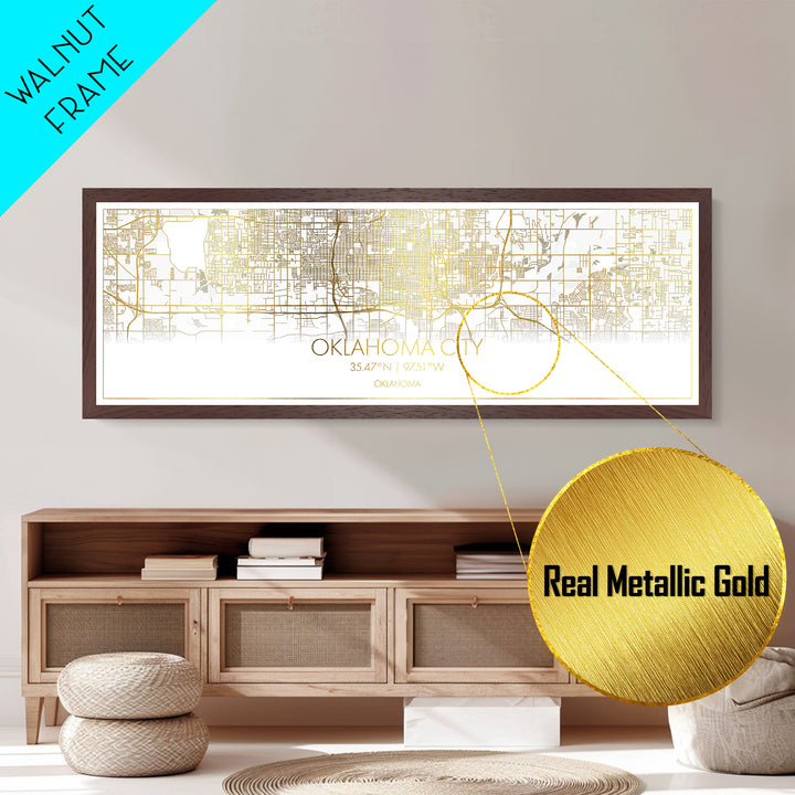 Oklahoma City Oklahoma City Poster, Panoramic street map, black and gold, Metallic Gold Art, Metal Art, wood framed map, Street Map Art