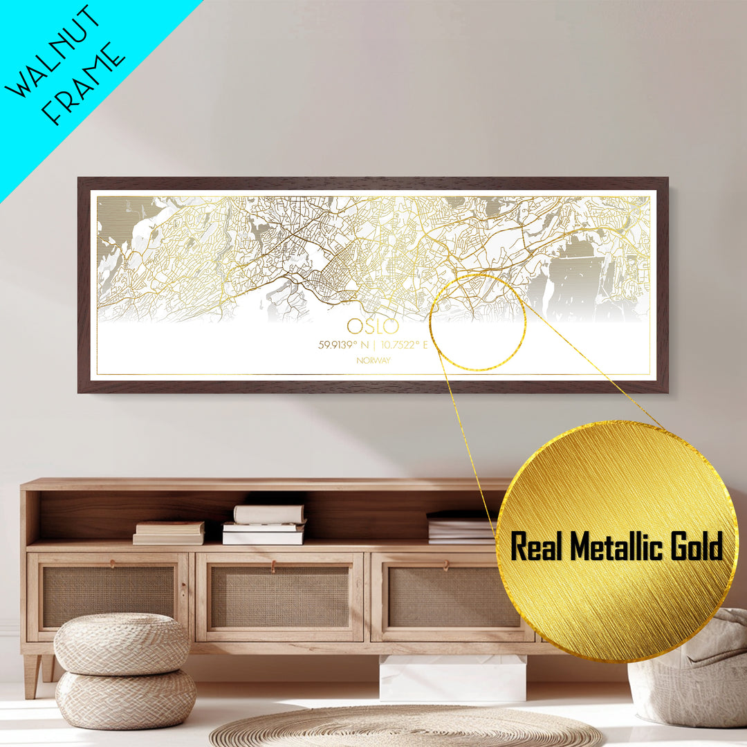 Oslo Norway City Poster, Panoramic street map, black and gold, Metallic Gold Art, Metal Art, wood framed map, City Map Print Poster