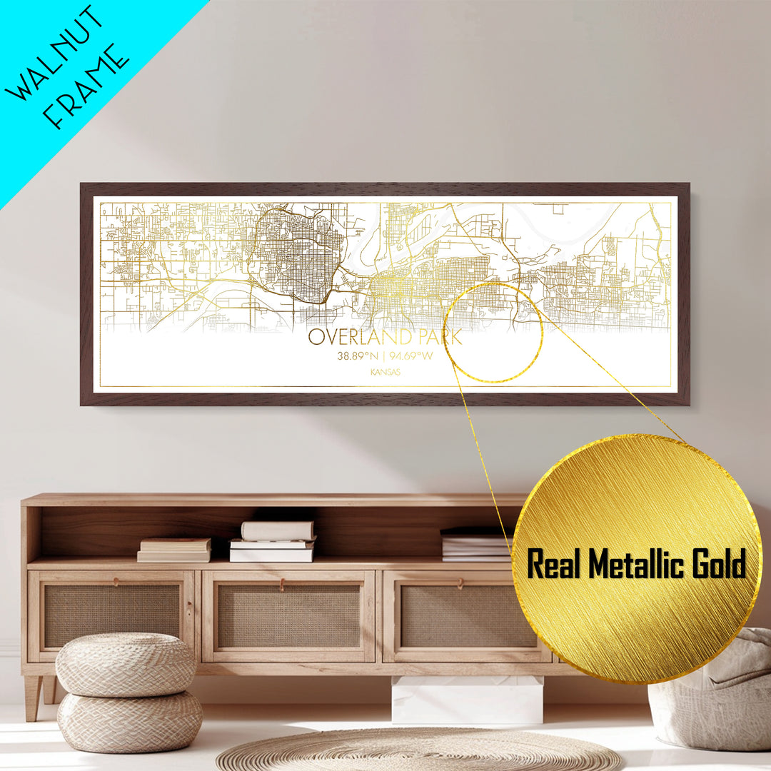 Overland Park Kansas City street map, Panoramic art, black and gold, Metallic Gold Print, Metal Art, real wood frames, Minimalist Wall Art
