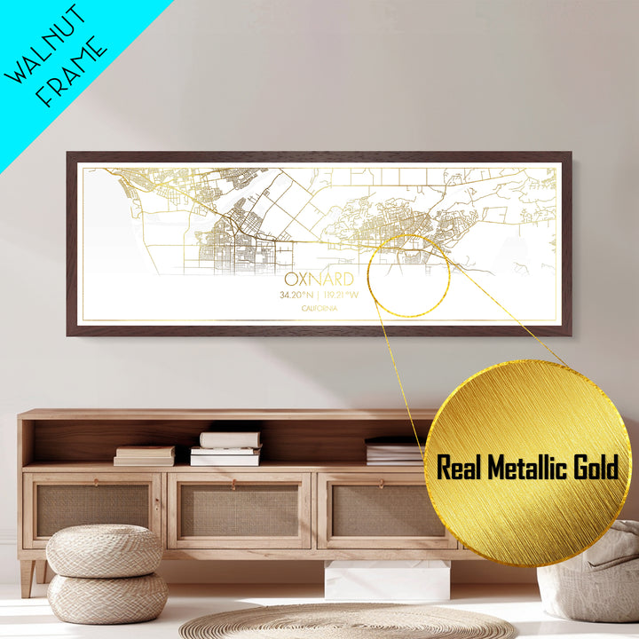 Oxnard California City Poster, Panoramic street map, black and gold, Metallic Gold Art, Metal Art, wood framed map, Housewarming Gift