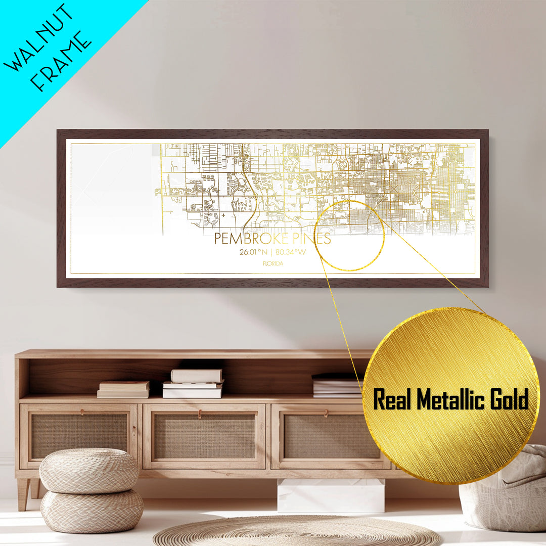 Pembroke Pines Florida City Poster, Panoramic street map, black and gold, Metallic Gold Art, Metal Art, wood framed map, Best Friend Gifts