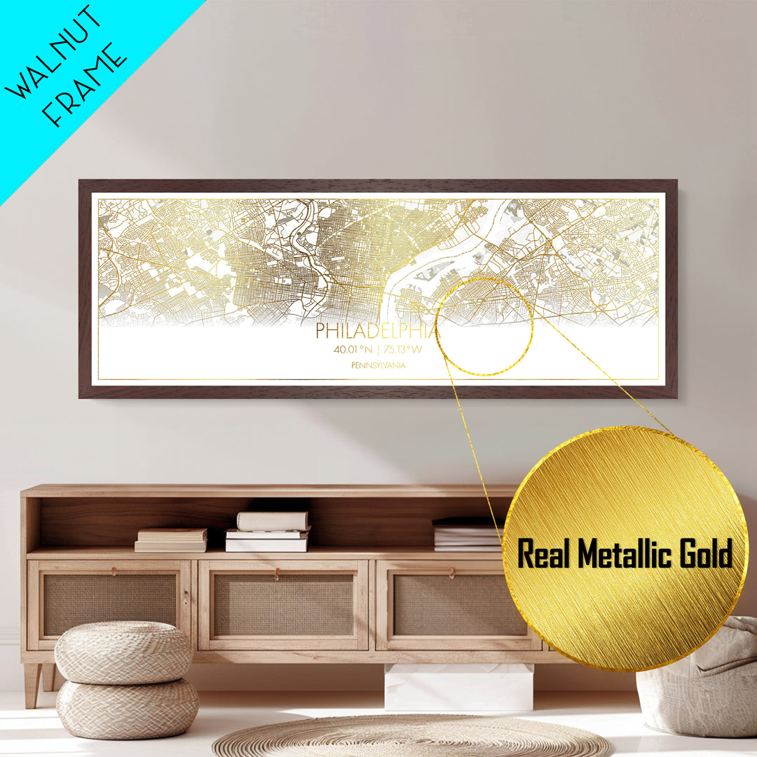 Philadelphia Pennsylvania City Poster, Panoramic street map, black and gold, Metallic Gold Art, Metal Art, wood framed map, Street Map Art