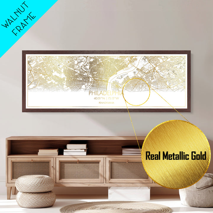 Philadelphia Pennsylvania City Poster, Panoramic street map, black and gold, Metallic Gold Art, Metal Art, wood framed map, Street Map Art