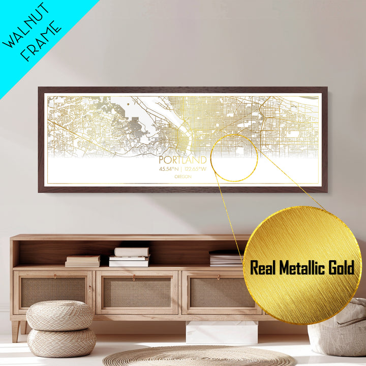 Portland Oregon City Poster, Panoramic street map, black and gold, Metallic Gold Art, Metal Art, wood framed map, Minimalist Wall Art