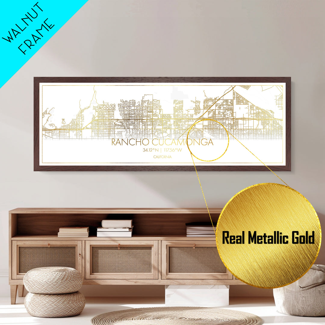 Rancho Cucamonga California street map, Panoramic art, black and gold, Metallic Gold Print, Metal Art, real wood frames, Housewarming Gift