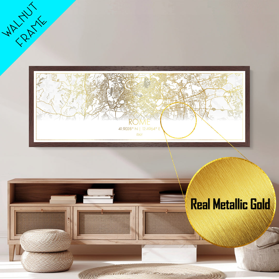 Rome Italy map, Panoramic art, black and gold, Metallic Gold Print, Metal Art, real wood frames, Street Map Art, City Map Print Poster