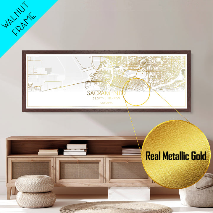 Sacramento California City Poster, Panoramic street map, black and gold, Metallic Gold Art, Metal Art, wood framed map, Minimalist Wall Art