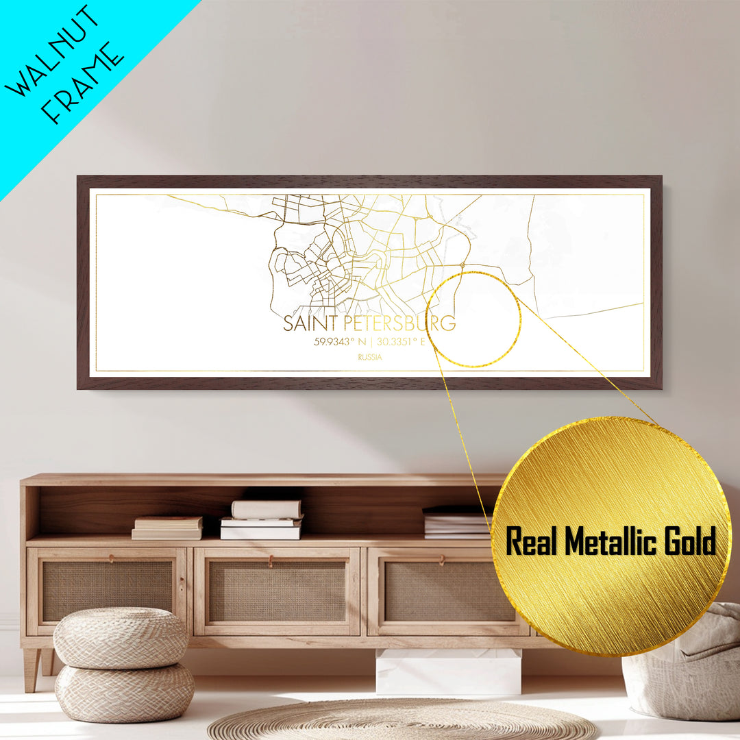 Saint Petersburg Russia City street map, Panoramic art, black and gold, Metallic Gold Print, Metal Art, real wood frames, Housewarming Gift