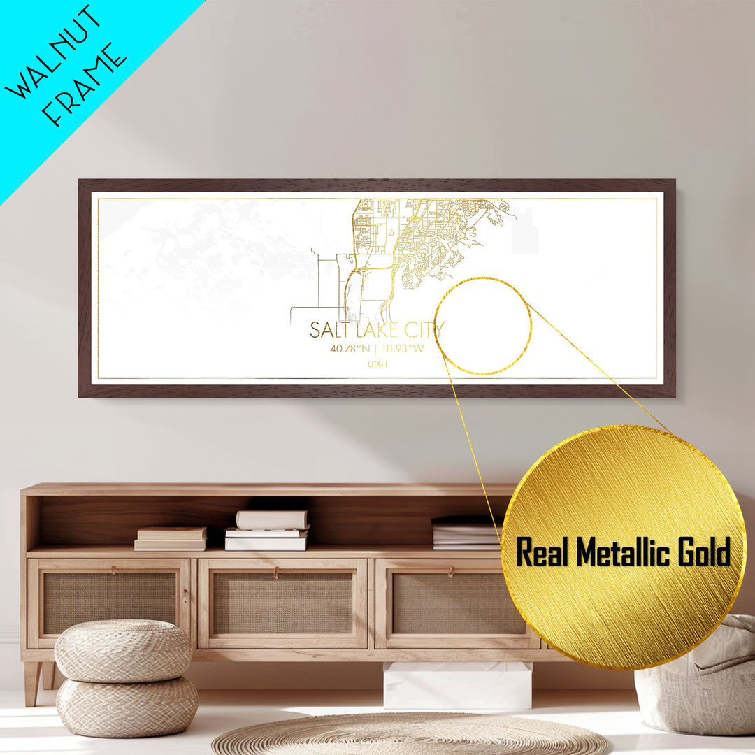 Salt Lake City Utah map, Panoramic art, black and gold, Metallic Gold Print, Metal Art, real wood frames, Modern Wall Art, Map Print Poster