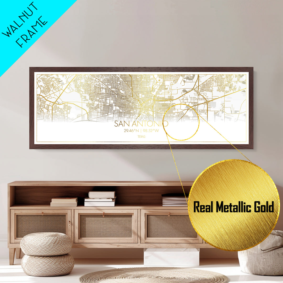 San Antonio Texas Poster, Panoramic street map, black and gold, Metallic Gold Art, Metal Art, wood framed map, Best Friend Gifts