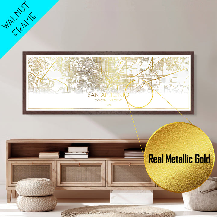 San Antonio Texas Poster, Panoramic street map, black and gold, Metallic Gold Art, Metal Art, wood framed map, Best Friend Gifts
