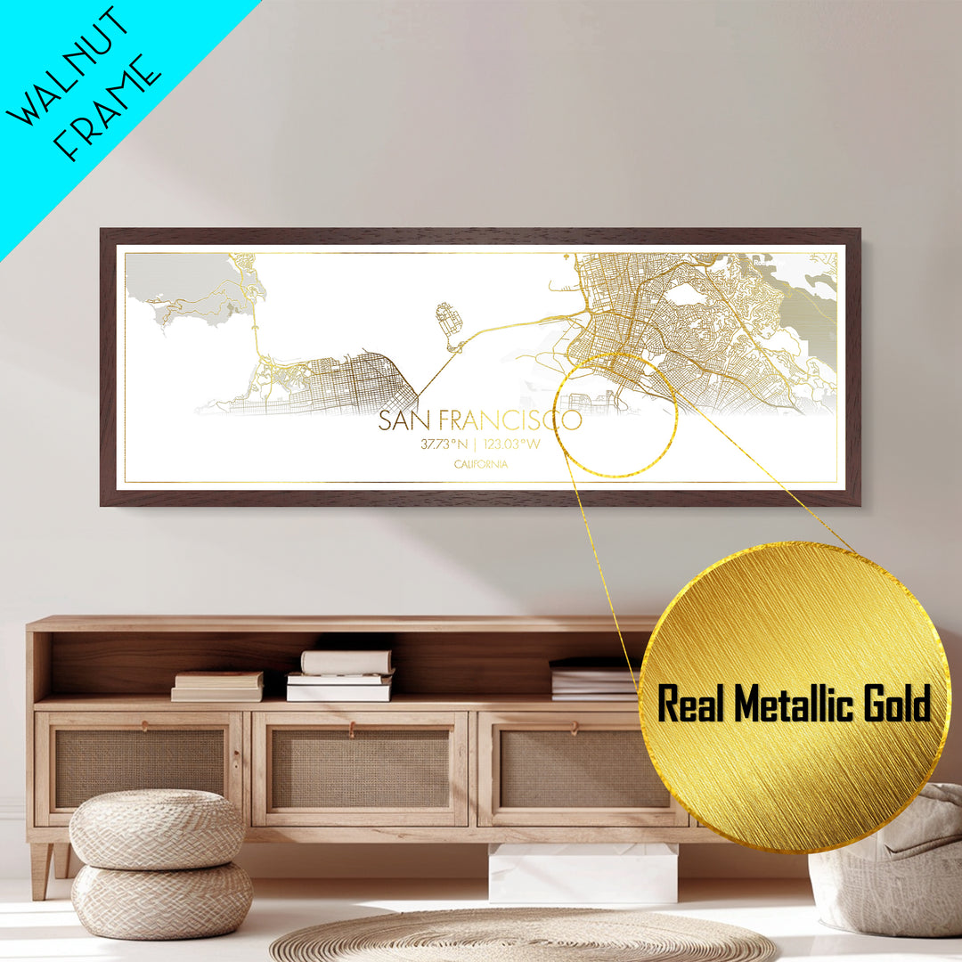 San Francisco California City street map, Panoramic art, black and gold, Metallic Gold Print, Metal Art, real wood frames, Housewarming Gift