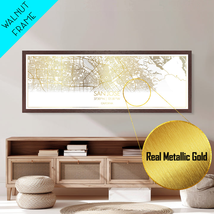 San Jose California City Poster, Panoramic street map, black and gold, Metallic Gold Art, Metal Art, wood framed map, Map Print Poster