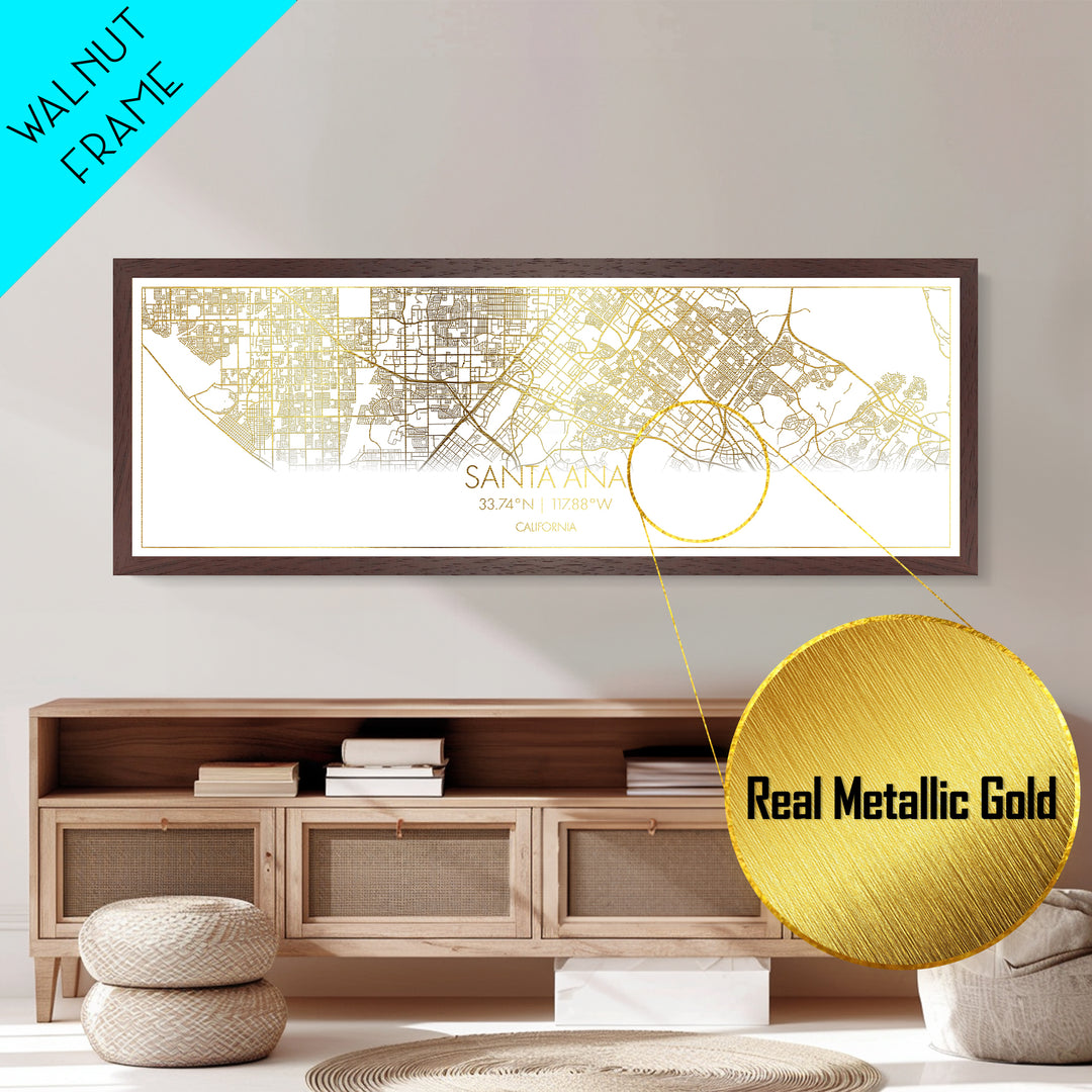 Santa Ana California City street map, Panoramic art, black and gold, Metallic Gold Print, Metal Art, real wood frames, Office Décor
