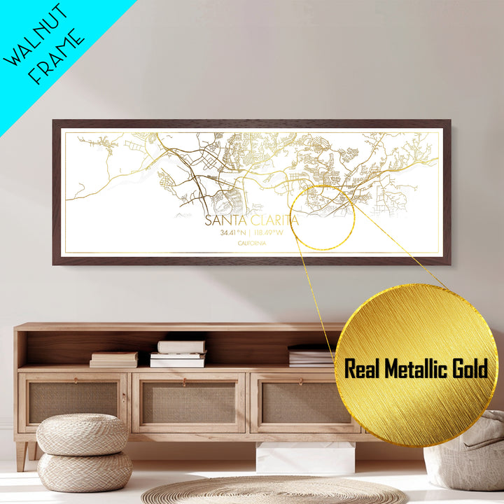Santa Clarita California City Poster, Panoramic street map, black and gold, Metallic Gold Art, Metal Art, wood framed map, Street Map Art