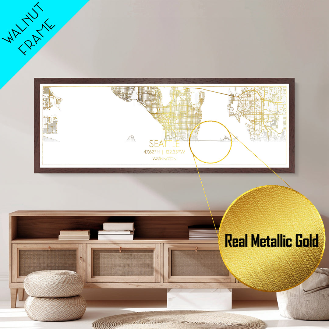 Seattle Washington City street map, Panoramic art, black and gold, Metallic Gold Print, Metal Art, real wood frames, Office Décor