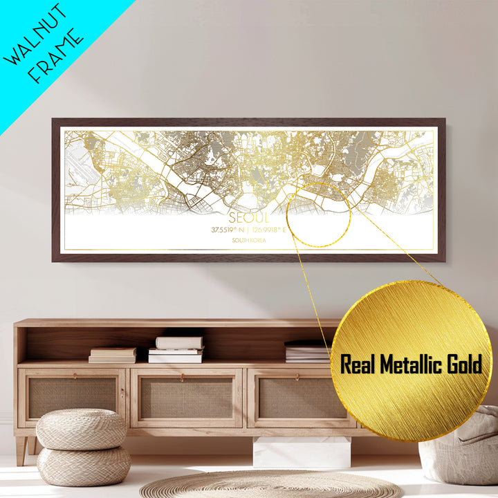 Seoul South Korea City Poster, Panoramic street map, black and gold, Metallic Gold Art, Metal Art, wood framed map, Modern Wall Art