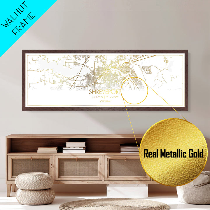 Shreveport Louisiana City street map, Panoramic art, black and gold, Metallic Gold Print, Metal Art, real wood frames, Housewarming Gift