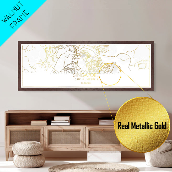 Singapore Singapore City Poster, Panoramic street map, black and gold, Metallic Gold Art, Metal Art, wood framed map, Office Décor