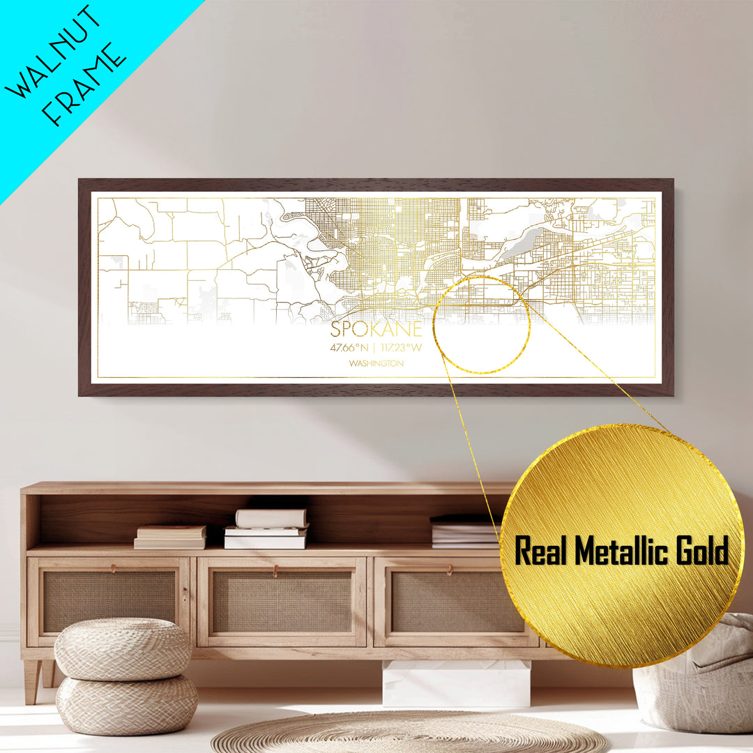 Spokane Washington City street map, Panoramic art, black and gold, Metallic Gold Print, Metal Art, real wood frames, Office Décor