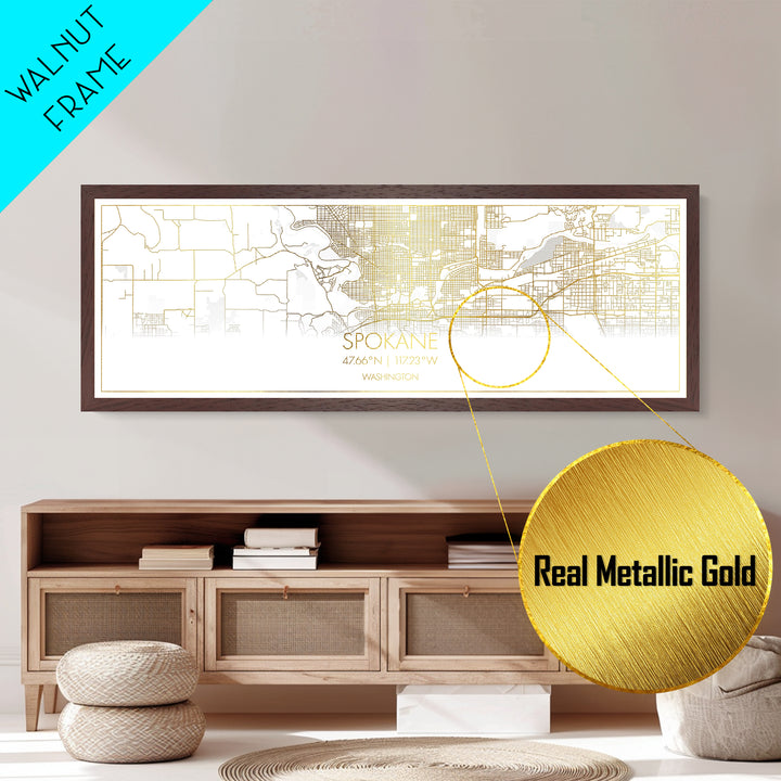 Spokane Washington City street map, Panoramic art, black and gold, Metallic Gold Print, Metal Art, real wood frames, Office Décor