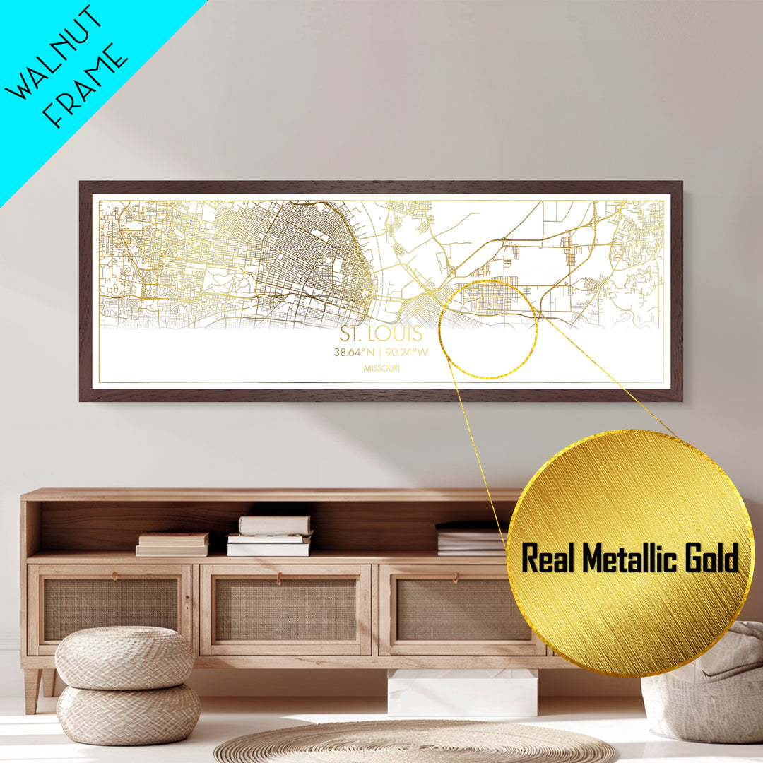 St. Louis Missouri map, Panoramic art, black and gold, Metallic Gold Print, Metal Art, real wood frames, Housewarming Gift, Map Print Poster