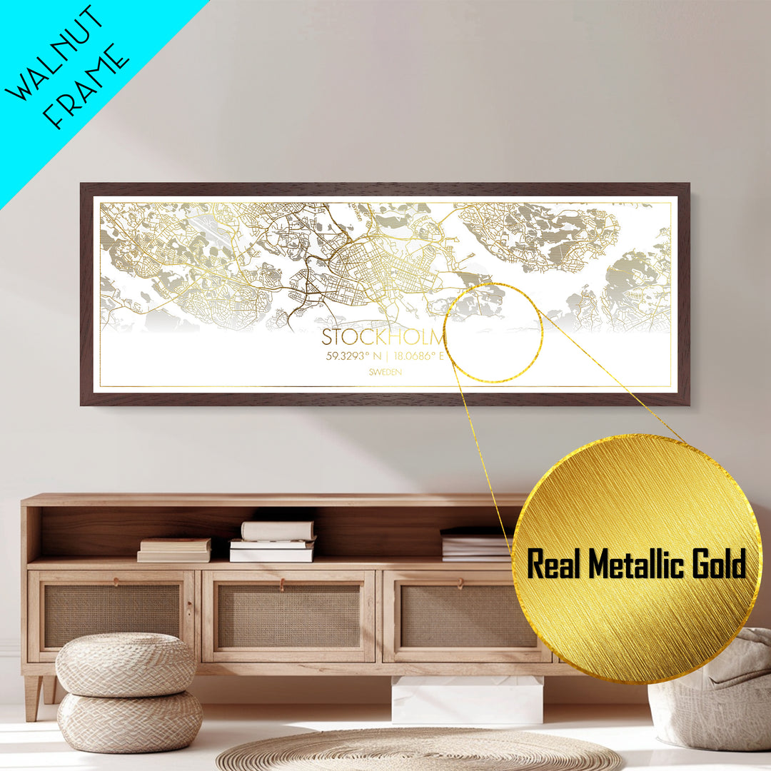 Stockholm Sweden City Poster, Panoramic street map, black and gold, Metallic Gold Art, Metal Art, wood framed map, Office Décor