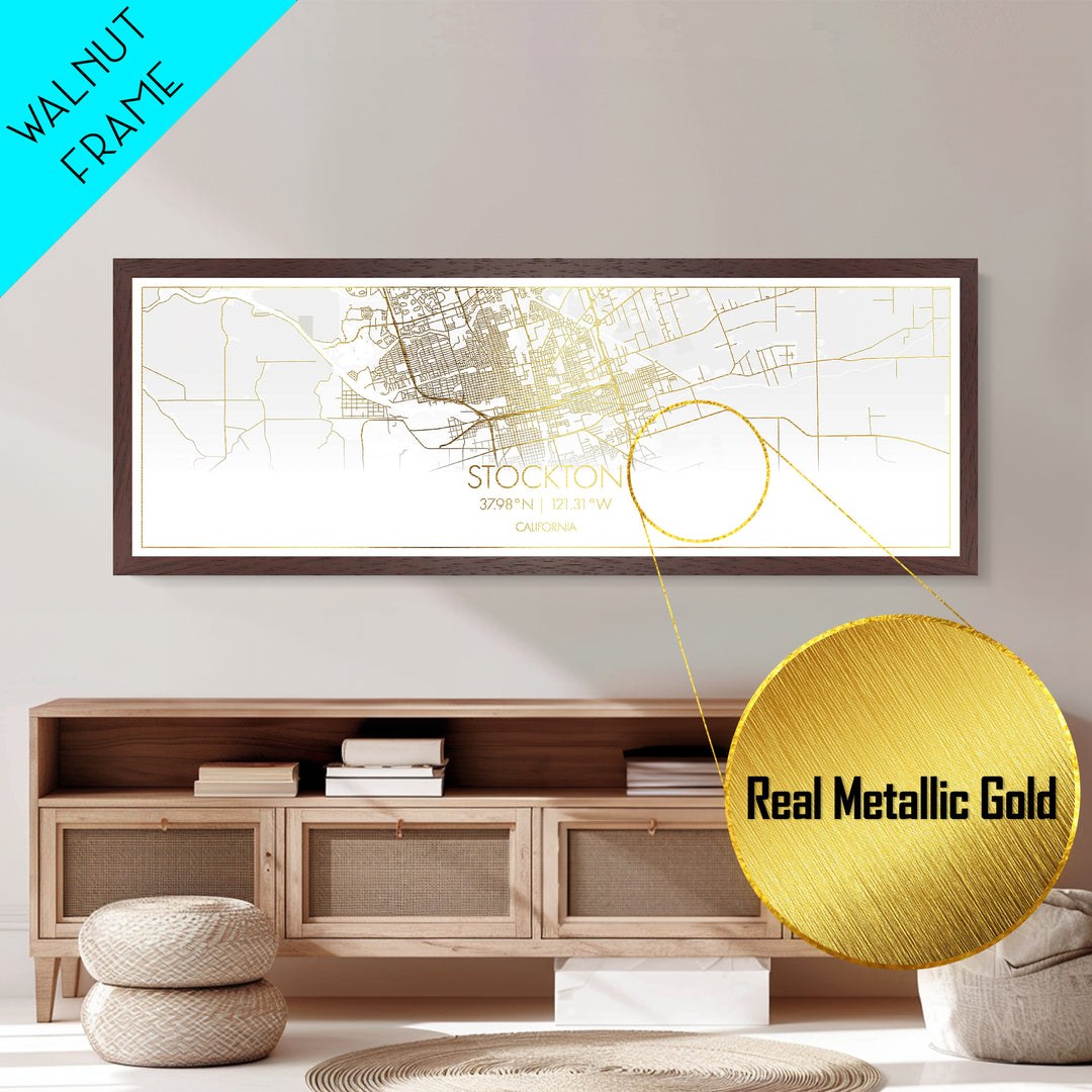 Stockton California City Poster, Panoramic street map, black and gold, Metallic Gold Art, Metal Art, wood framed map, Wall Art, Closing Gift