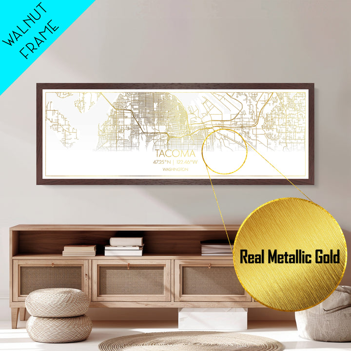 Tacoma Washington City street map, Panoramic art, black and gold, Metallic Gold Print, Metal Art, real wood frames, Map Print Poster